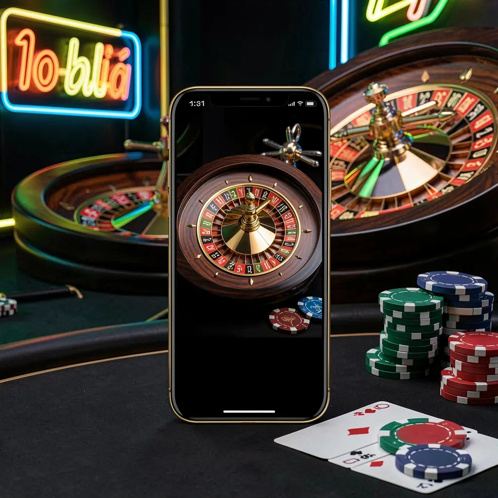 RM666 mobile casino application scene featuring a phone in the center with a roulette wheel and poker chips in the background, illuminated by glowing neon lights in a premium black and gold style