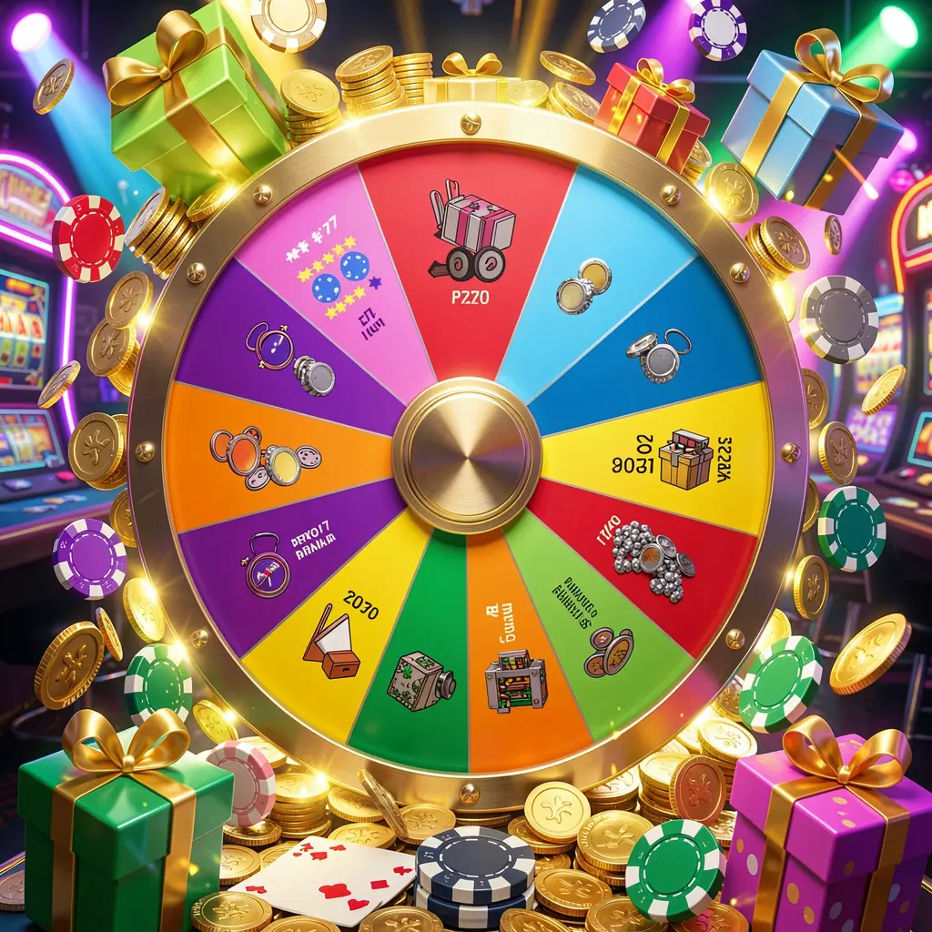 RM666 casino bonus wheel with colorful prize sections surrounded by golden coins, chips, and gift boxes under bright neon casino lights in a dynamic composition