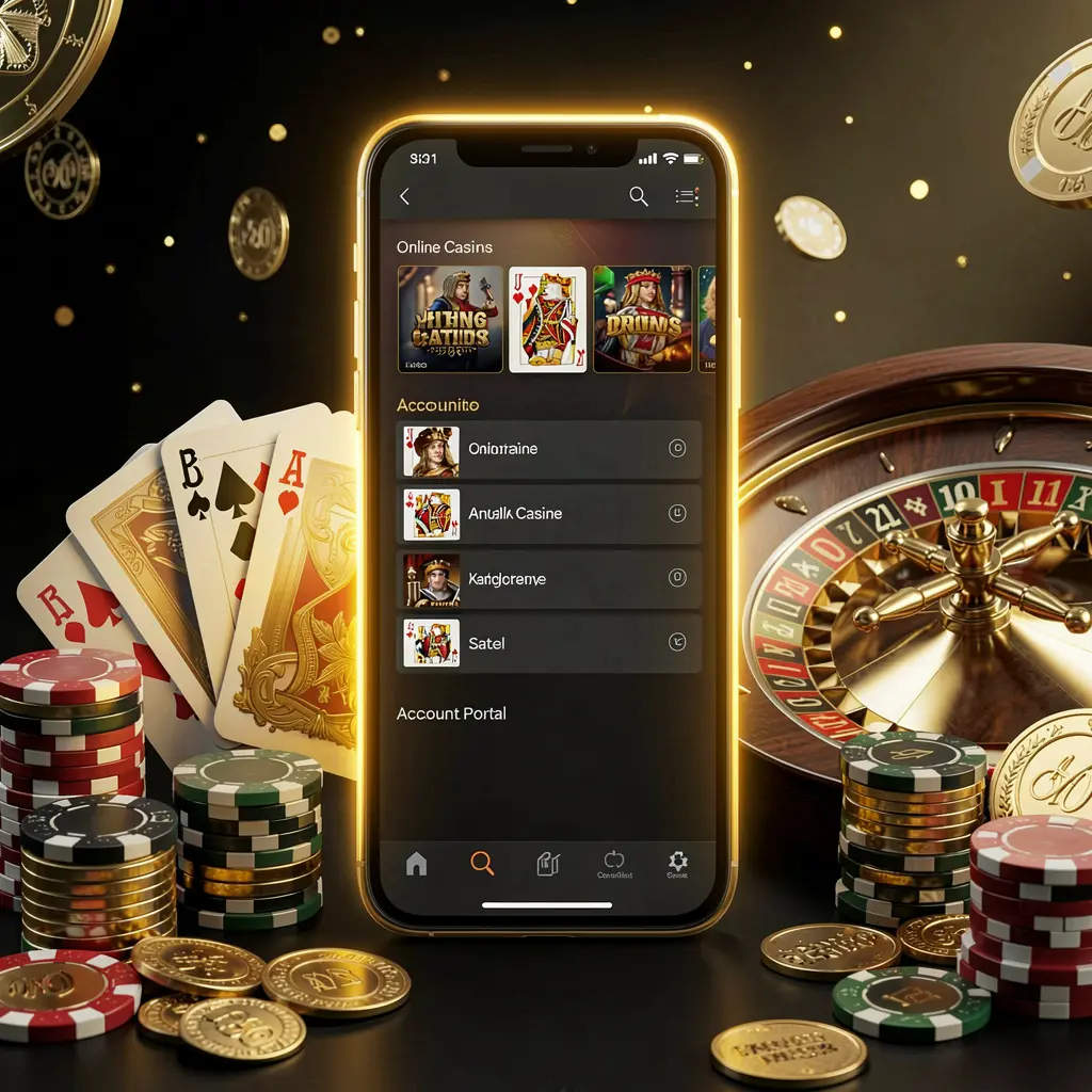 RM666 online casino account portal displayed on a glowing smartphone with premium cards, chips, roulette wheel, and coins against a black and gold background with cinematic lighting in a realistic 3D render