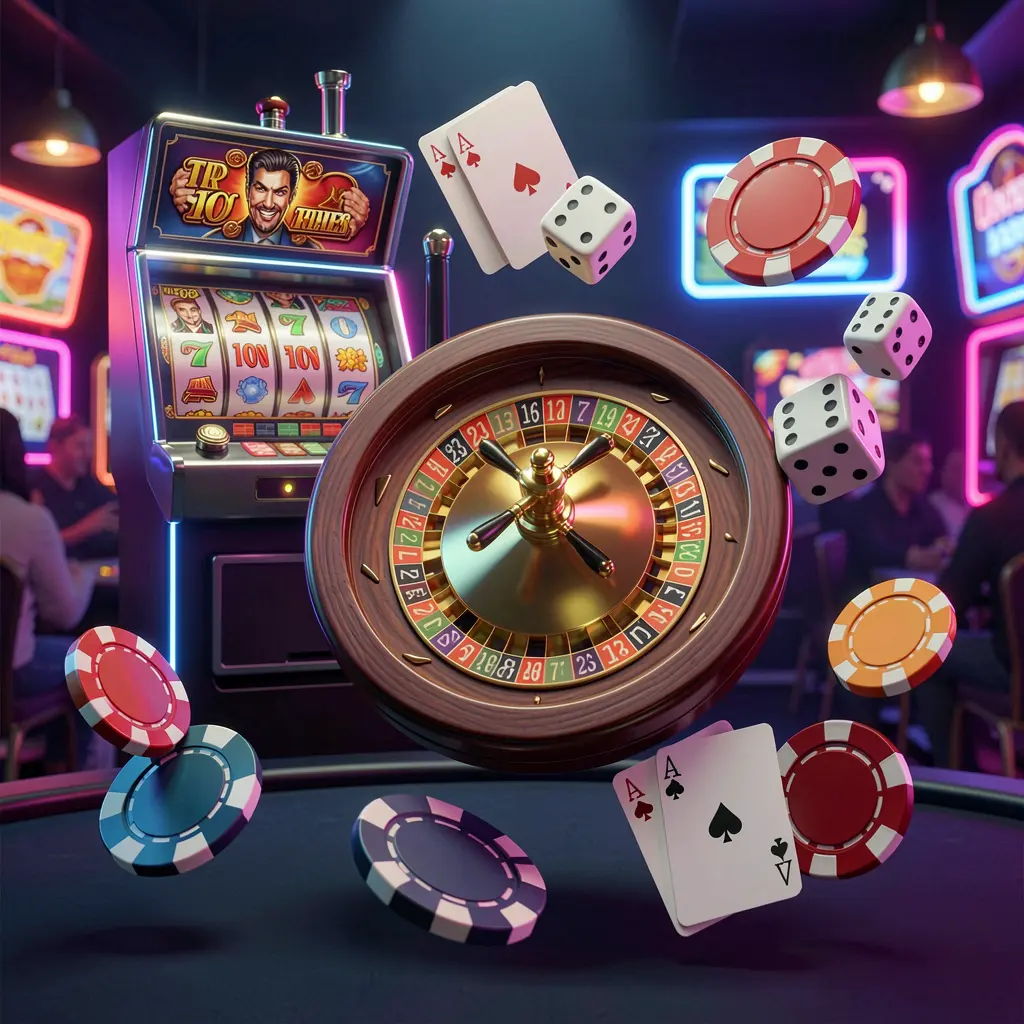 RM666 casino games collection homepage visual featuring a slot machine, roulette wheel, dice, playing cards, and poker chips floating together with colorful neon lights in a premium 3D render